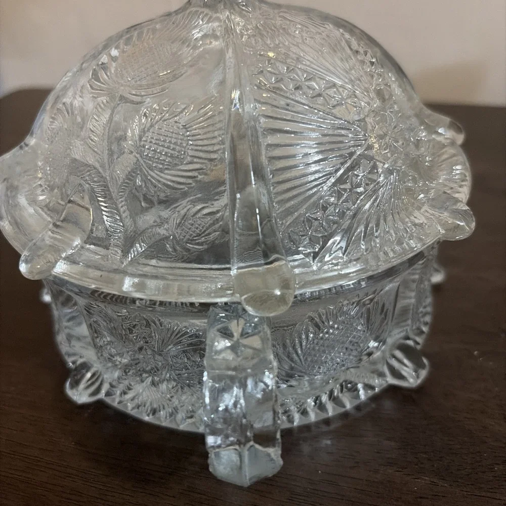 Antique Higbee Panelled Thistle Domed Round Covered Butter Dish Glass Bee UV Glo